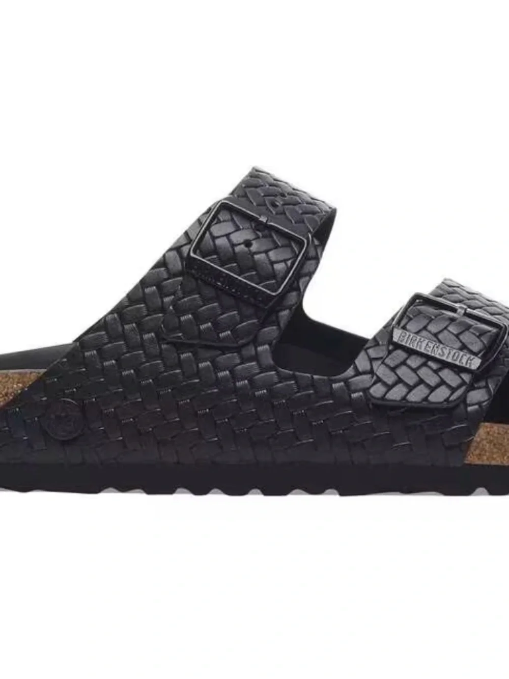 Birkenstock Women’s Black Woven Two-Strap Cork Sandal